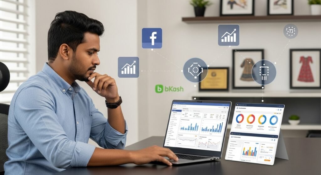 Bangladeshi eCommerce owner analyzing Facebook Pixel data for online store performance. Facebook Pixel for Bangladeshi