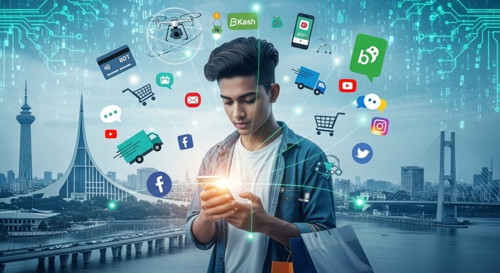 Future of E-Commerce in Bangladesh Conceptual art depicting the dynamic future of online shopping, digital payments, and tech growth in Bangladesh's e-commerce sector.