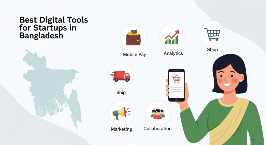 digital tools for Bangladeshi startups — smiling entrepreneur with smartphone and icons for payments, analytics, marketing, and delivery over a map of Bangladesh