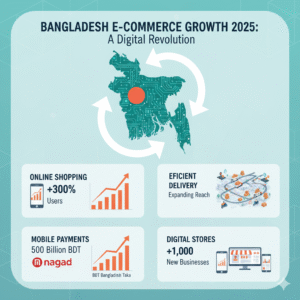 Illustration showing Bangladesh eCommerce market growth with digital payments and delivery options