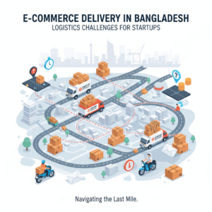 Delivery trucks and parcels showing logistics for Bangladeshi eCommerce startups