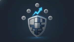 DANGER! The Hidden Cost: 8 Section- Why All-in-One E-commerce Services in Bangladesh CRUSH Fragmented Vendors 4 Visual metaphor of a security shield and rising growth arrow, surrounded by technology partnership icons including AWS and WooCommerce, symbolizing the trusted All-in-one e-Commerce services in Bangladesh.