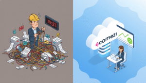 Visual comparison of fragmented vendor chaos (left) versus the streamlined Ecomezi all-in-one e-Commerce services in Bangladesh (right).