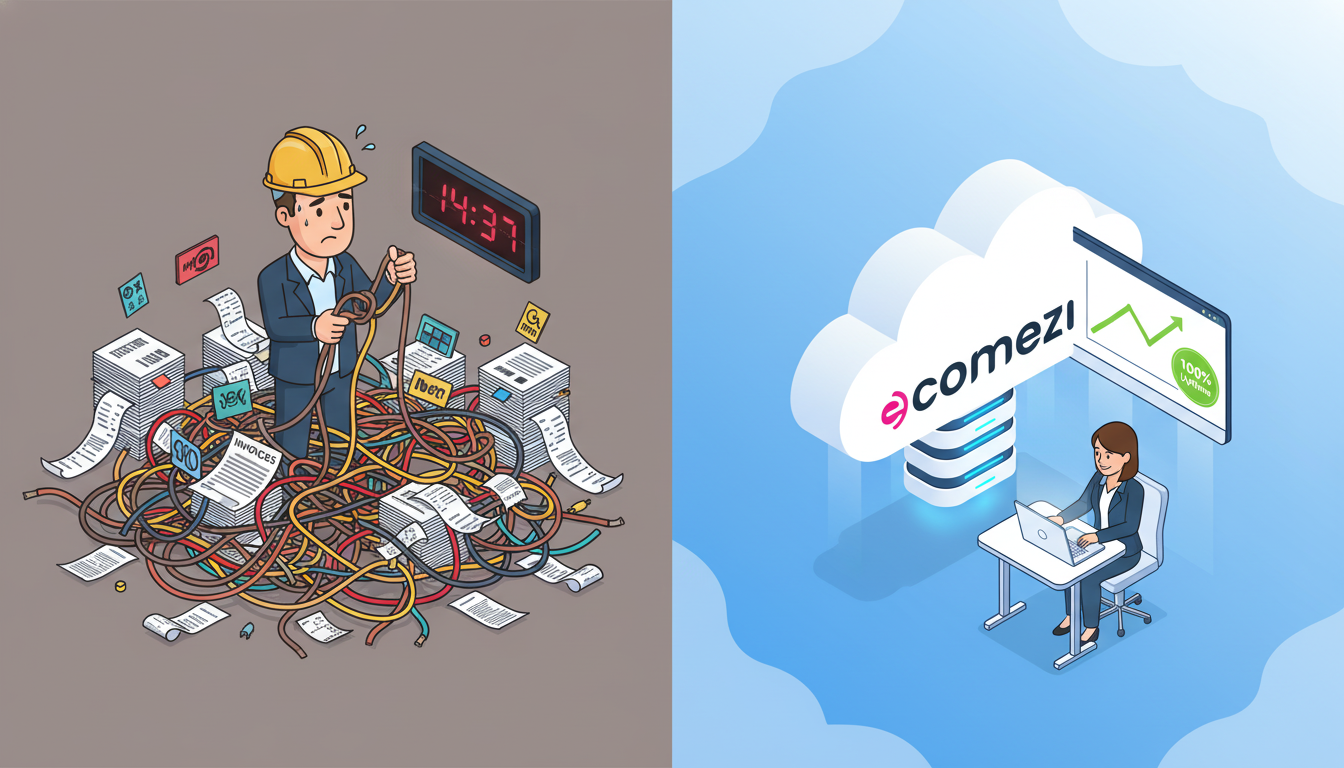 Visual comparison of fragmented vendor chaos (left) versus the streamlined Ecomezi all-in-one e-Commerce services in Bangladesh (right).
