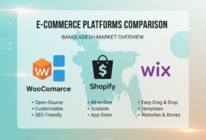 Comparison chart of WooCommerce, Shopify, and Wix features for startups